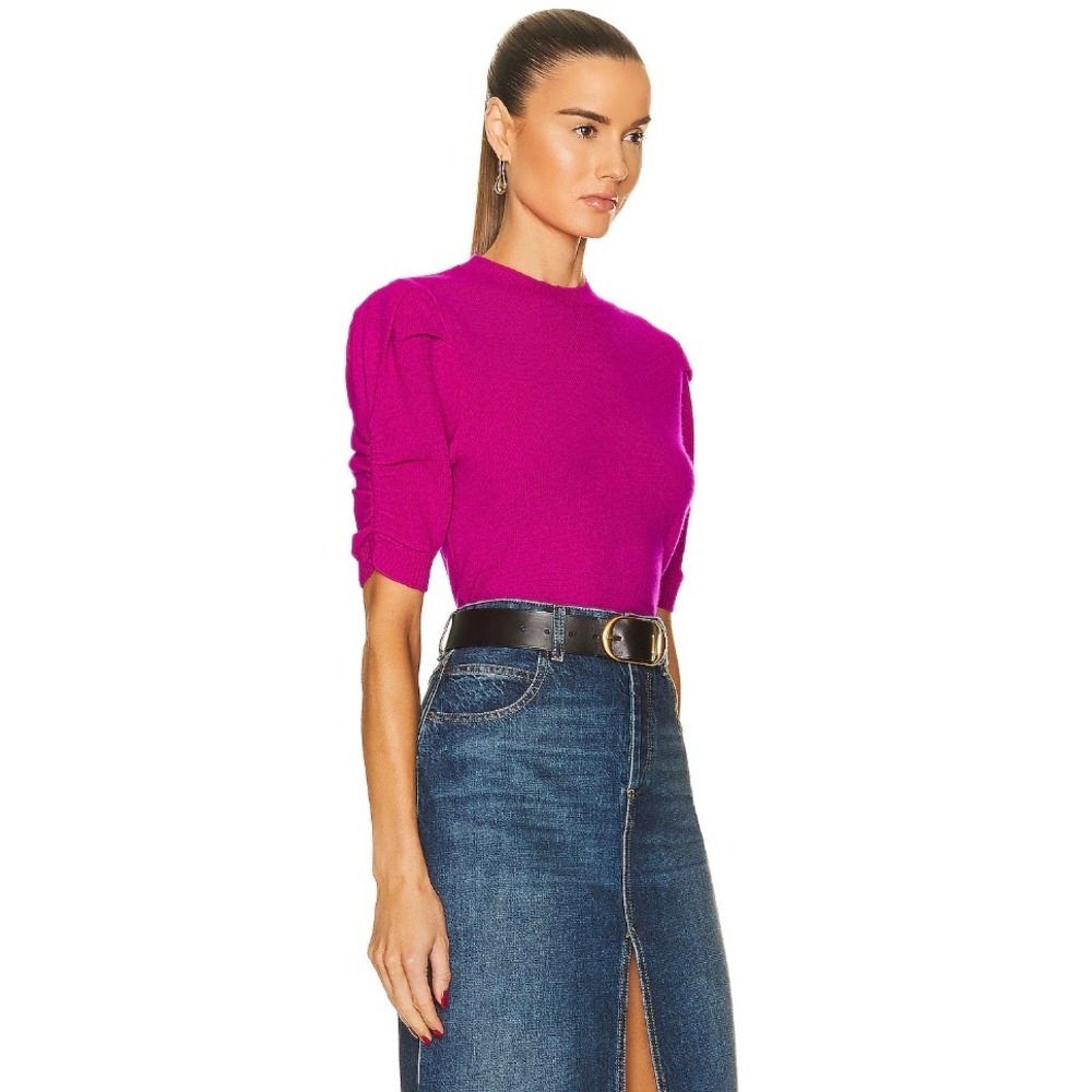 FRAME Frankie Ruched Sleeve Cashmere Sweater Magenta Puff Sleeve Knit XS - Picture 5 of 13
